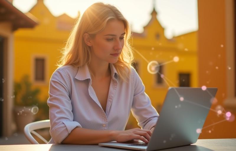 Remote worker using laptop outdoors in Spain with network overlay