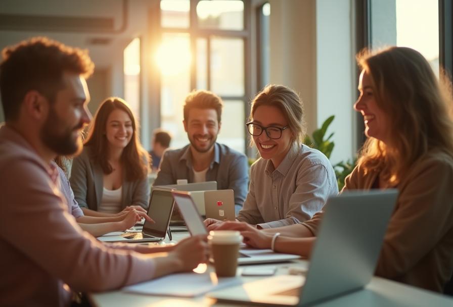 Diverse group of people working remotely on laptops in a bright space